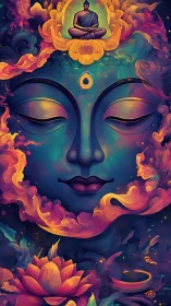 Radiant cosmic Buddha face wrapped in glowing lotus dreams.