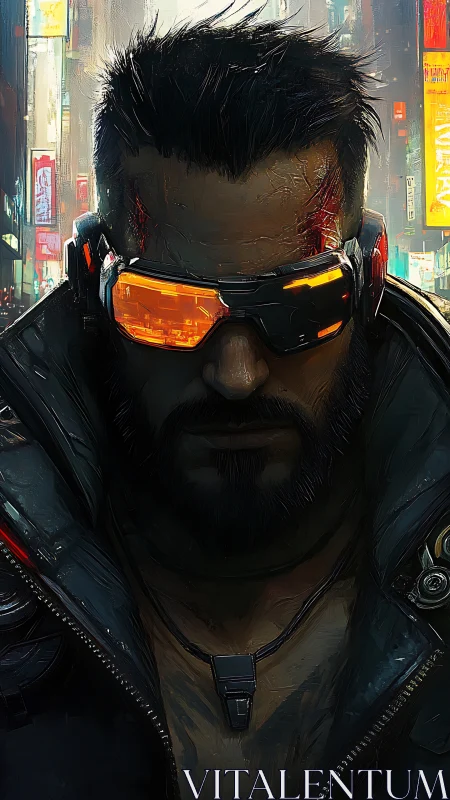 Neon mercenary stalks the rain-lit alleys of a cyber city.