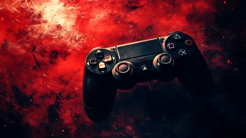Midnight gamepad drifting through a molten nebula sky.