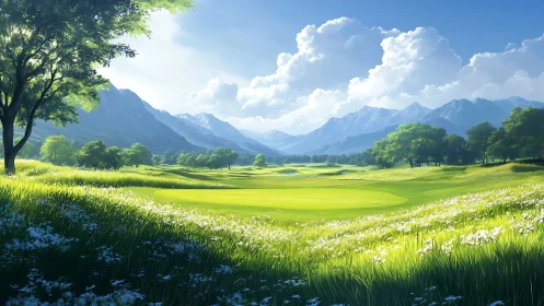 Algorithmically lit mountain-valley golf green in vernal bloom.