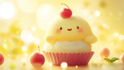 Cute Chick Cupcake Character With Cherry Top.
