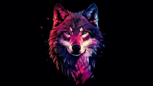 Neon wolf portrait glows in bold, electric twilight hues