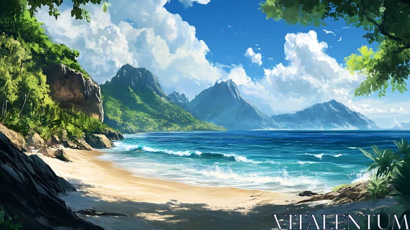 Coastal landscape with mountain vista and sandy beach formation