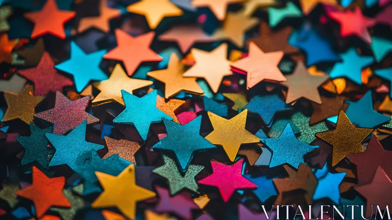 Colorful metallic star confetti fills shallow depth macro frame