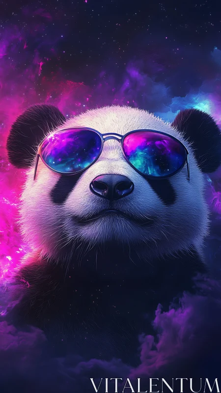 Panda portrait with reflective sunglasses in neon nebula scene.