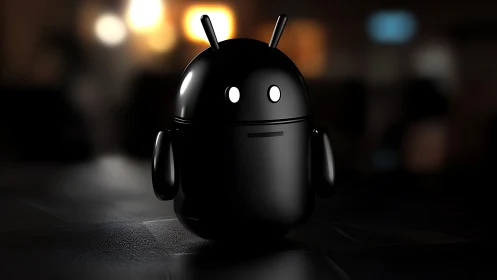 Black glossy robot figure in soft bokeh studio light.