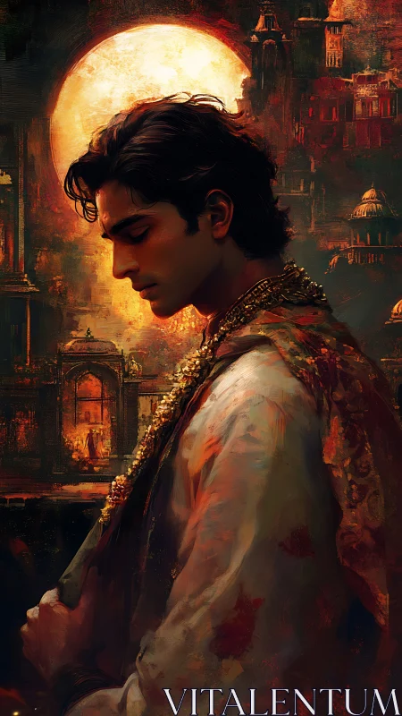 Young man in ornate robe stands before large glowing moon