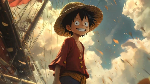 Anime pirate boy under dramatic sky on sailing ship deck.