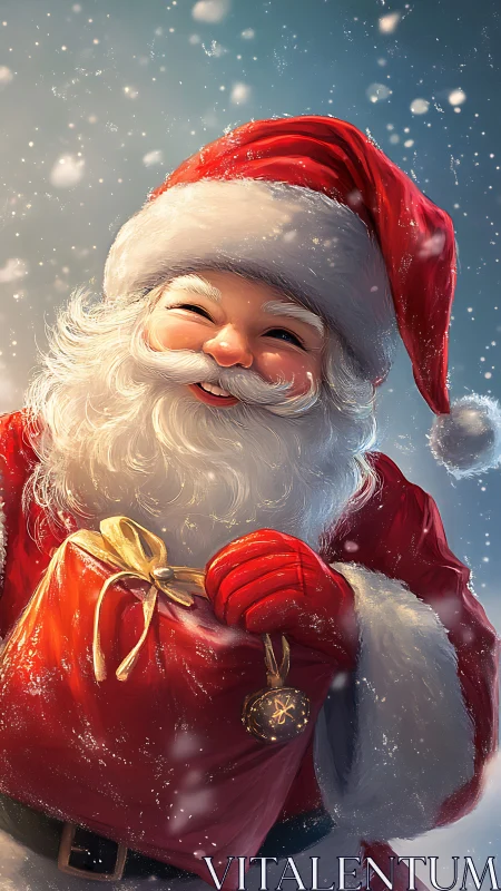 Smiling Santa holding red gift sack in falling snow.