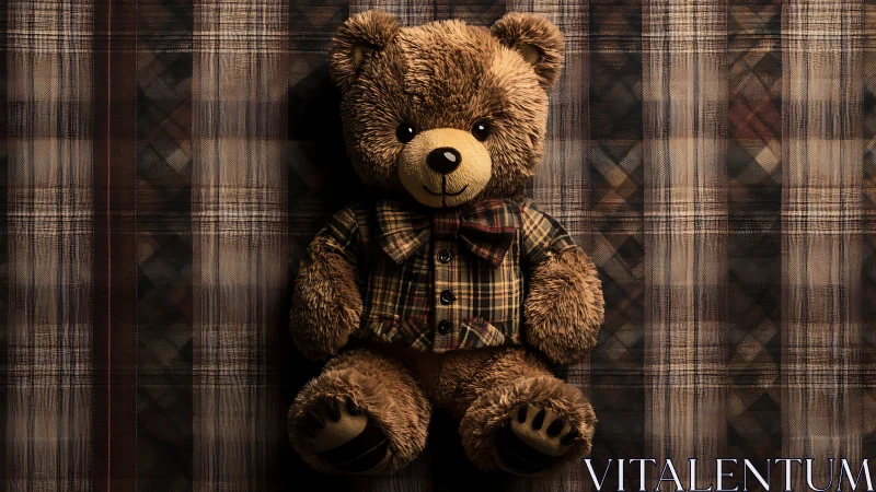 Textured plush teddy bear aligned on tartan pattern wall.