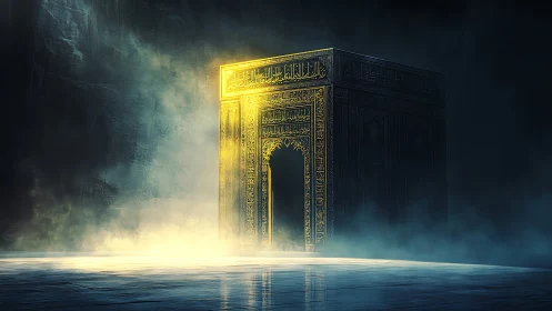 Luminous golden cube gateway with ornate Arabic calligraphy