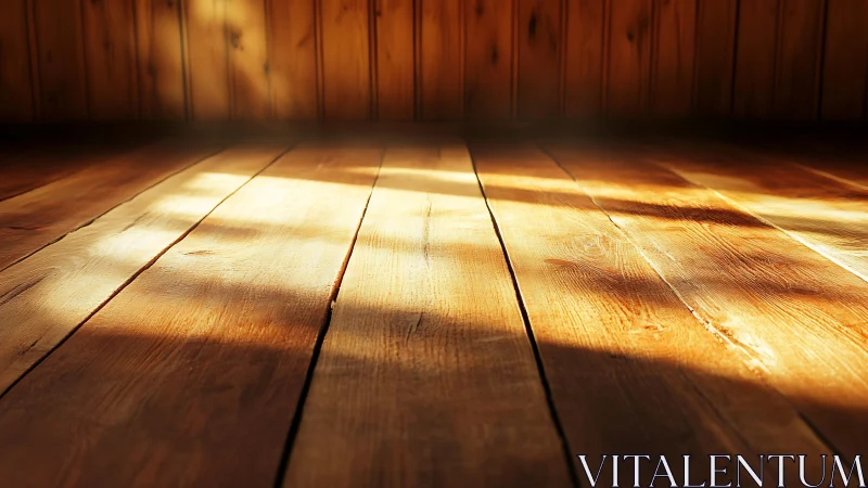 Sunlit wooden floor planks in warm interior space.