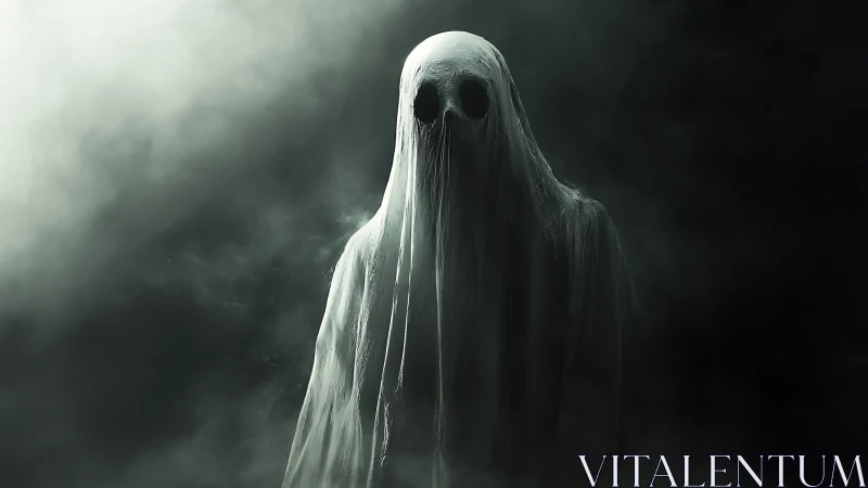 Tall ghostly figure in tattered white sheet in dark mist.