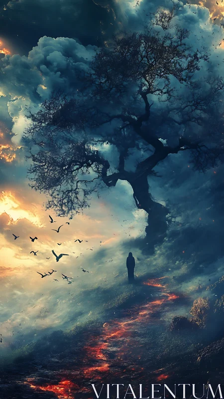 Solitary figure on molten path beneath cloudbound tree.