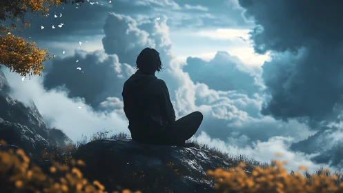 Solitary figure overlooking turbulent cloudscape at twilight