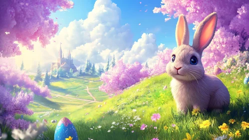 Digital painting of spring rabbit in luminous floral valley.