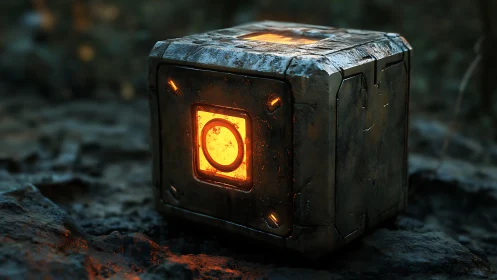 Weathered metallic cube with glowing orange core outdoors.