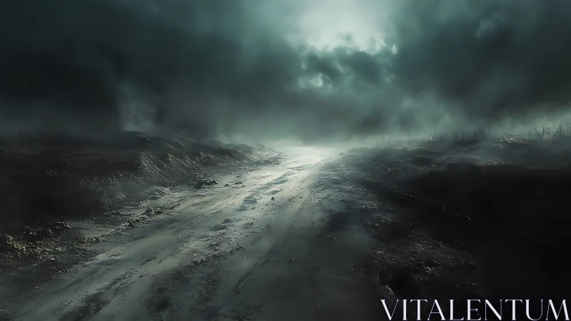 Desolate muddy road stretches into a storm-lit wasteland sky