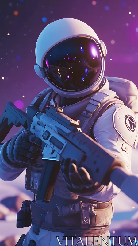 Stargazing space guardian ready on a glowing violet moon.