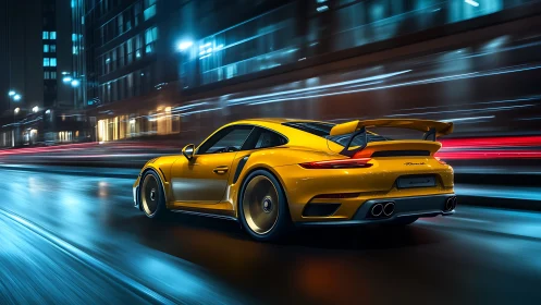 Photorealistic yellow sports coupe in nocturnal urban motion blur.