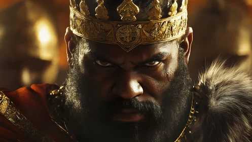 Warrior king’s fierce gaze burns beneath a golden crown.