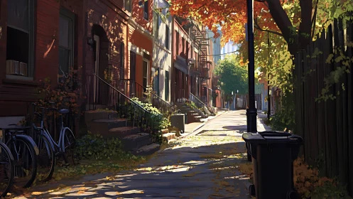 Autumn-lit residential alley with rowhouses and bicycles in soft focus