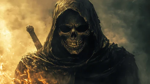 Hooded skeletal warrior stands in flames with sword drawn