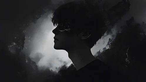 Monochrome male silhouette merged with abstract shadows.