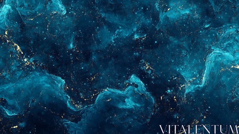 Teal cosmic nebula swirls with gold flecks in deep space