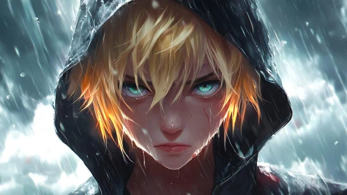 Storm-eyed avenger under rain-slashed midnight hooded glare.