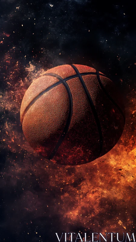 Burning basketball ignites dark cosmic arena in flames.