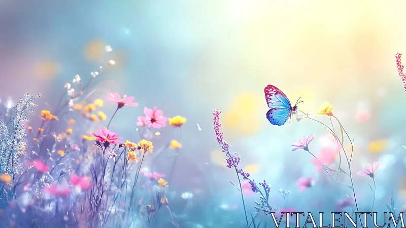 Butterfly hovers in a pastel meadow filled with dreamy light