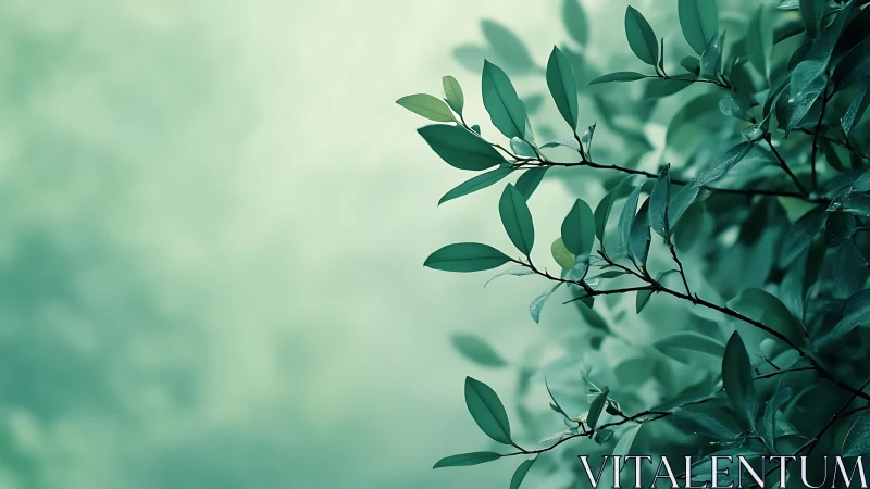 Tranquil green leaves on branch with soft blurred background.