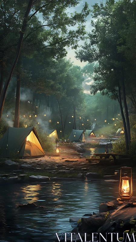 Riverside forest camp glowing with gentle lantern light.
