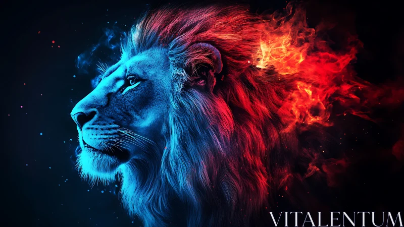 Bicolor luminous lion profile with flaming spectral mane