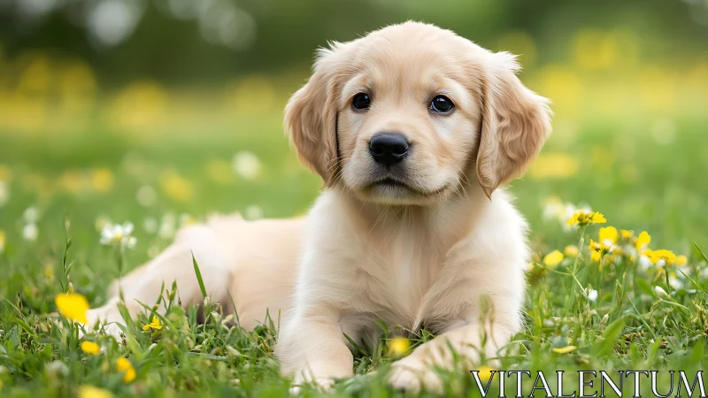Golden retriever puppy on meadow in soft spring backlight.
