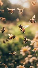 Backlit honeybee flight swarm over defocused daisy meadow.