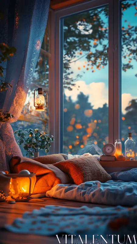 Cozy candlelit window nook glows against a dreamy twilight sky