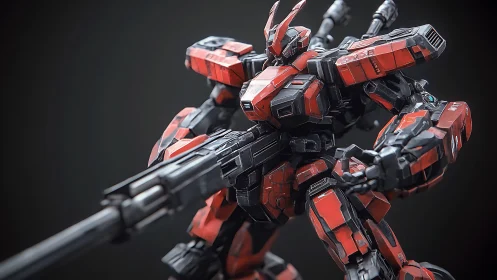 Crimson siege mech poised with railgun fury and battle scars.