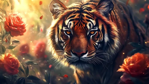 Tiger among red roses in soft backlit digital scene.