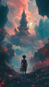 Silhouetted figure observes distant tiered tower in canyon