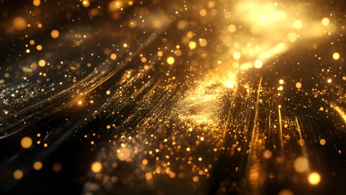 Abstract golden light particles on dark background, modern digital art.