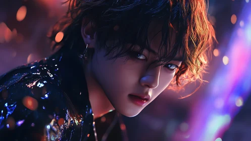 Moody neon portrait of youthful figure in cinematic close-up