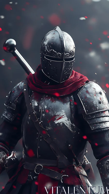 Scarlet-Scarved Iron Knight Amid Ember Storm Stillness.