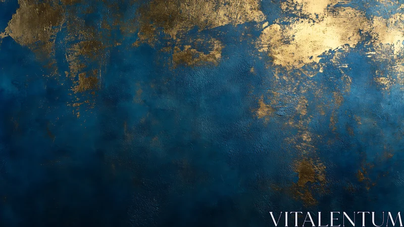 Deep ultramarine wall with distressed metallic gold patina.