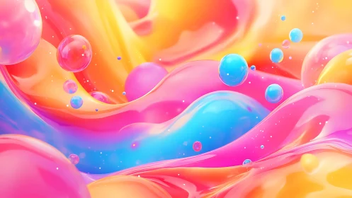 Multicolored fluid waves and translucent spheres form abstract field