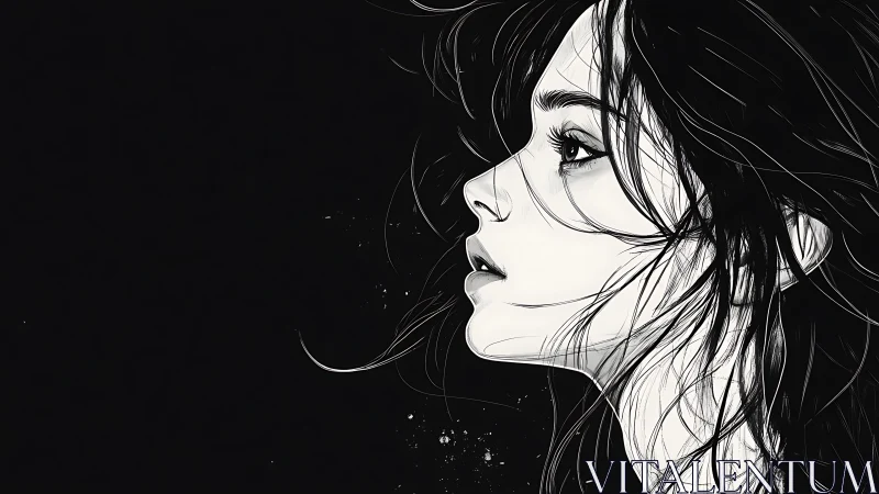 Monochrome side profile of woman with windblown hair.