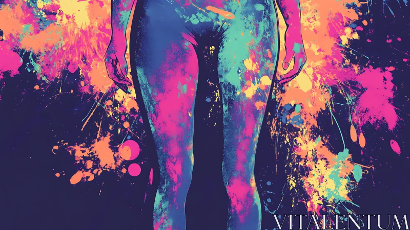 Neon-painted female figure stands amid explosive splashes