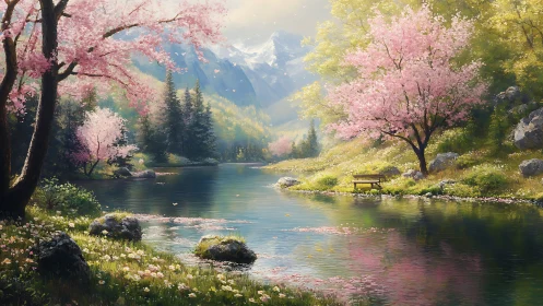 Serene alpine river and cherry blossoms under soft spring light