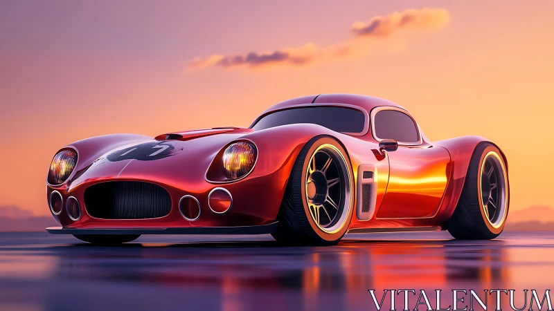 Low-angle red sports coupe render reflects warm sunset light